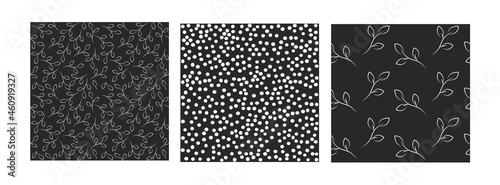 Black and whte seamless pattern vector with leaves and polka dot. Beautiful fashionable collection. Pattern set on black background.