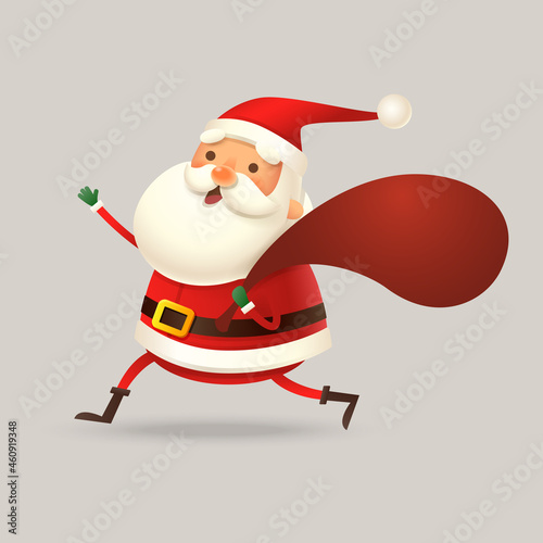 Cute Santa Claus with sack run and wave - vector illustration isolated