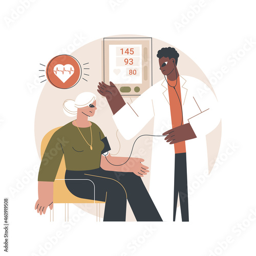 High blood pressure abstract concept vector illustration. Hypertension disease, blood pressure control, monitor, examination in hospital, tonometer, heart attack, arteria strain abstract metaphor.