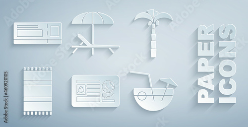 Set Passport with visa stamp, Tropical palm tree, Beach towel, Coconut cocktail, Sunbed and umbrella and Travel ticket icon. Vector