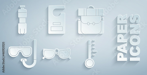 Set Glasses, Hiking backpack, Diving mask and snorkel, Meteorology thermometer, Please do not disturb and Bottle of water icon. Vector