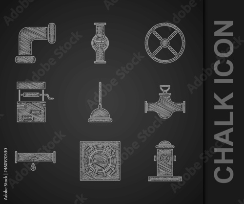 Set Rubber plunger, Manhole sewer cover, Fire hydrant, Industry pipe and valve, Broken with leaking water, Well, and metallic icon. Vector