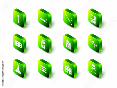 Set Cigar with smoke, Cigarette, LSD acid mark, Cannabis molecule, Skull on crossbones, Open cigarettes pack box, Medical hospital building and Cocaine or heroin drug icon. Vector