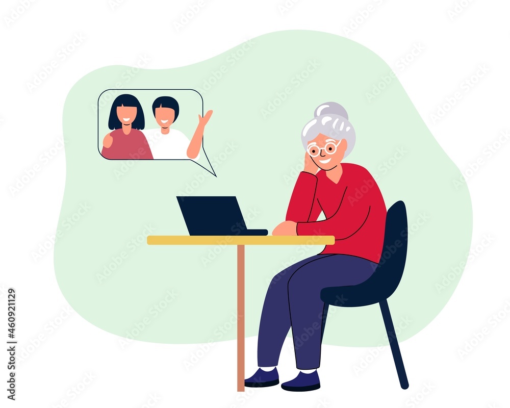 Happy grandmother with laptop calls grandchildren Cute old woman working on computer at home Online education Web courses Modern technologies and old age concept Vector illustration in flat style