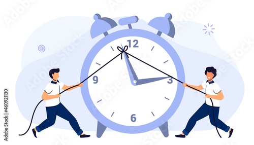 Rope businessman Turning clock arrow back Metaphor of time management in team Concept of multitasking, performance, timeline Business project deadline Time management Assessment and control