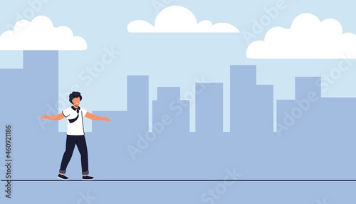 Taking risk concept for success Man walking on tight rope symbol vector illustration Business risk and challenge in career path Business project deadline Time management Assessment and control
