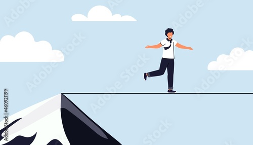Taking risk concept for success Man walking on tight rope symbol vector illustration Business risk and challenge in career path Business project deadline Time management Assessment and control