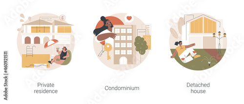 Single family home abstract concept vector illustration set. Private residence, condominium, detached house, land ownership, real estate market, stand-alone household, appartment abstract metaphor.