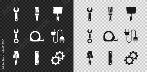Set Wrench spanner, Paint brush, Putty knife, Trowel, Ruler, Gear, and Roulette construction icon. Vector
