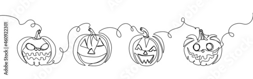 Halloween pumpkins with carved face one line art. Continuous line drawing of halloween theme, horrible, harvest, autumn mood, vegetable, sign of autumn.