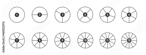 Circles divided in segments with numbers from 1 to 12. Outline round shapes cut in equal parts. Simple graphic pie or donut chart examples isolated on white background. Vector linear illustration.