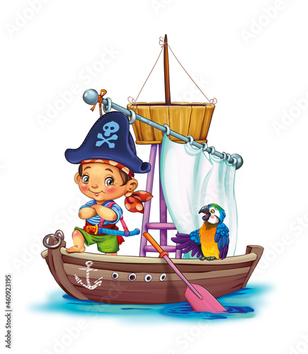 Boy pirate in a boat with a parrot