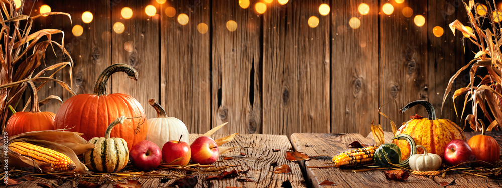 Pumpkins Apples And Corn On Rustic Harvest Table With Bokeh Lights - Harvest And Thanksgiving Background - obrazy, fototapety, plakaty 