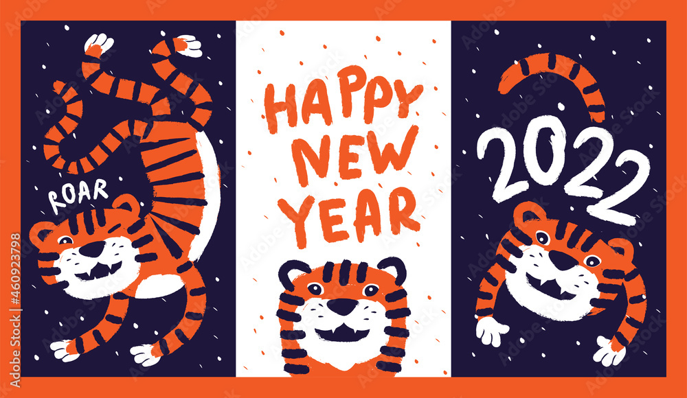 2022. Set of banners or cards with a funny tiger for Chinese Happy New Year 2022. Concept for Year of the Tiger. Creative hand drawn vector illustration. Blue and orange.