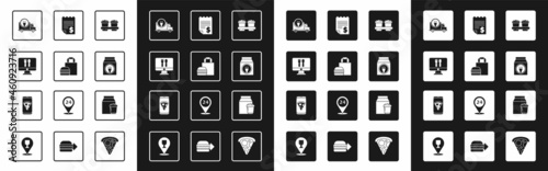 Set Coffee cup to go, Online ordering burger delivery, and, Fast by car, Paper financial check, and Food pizza icon. Vector