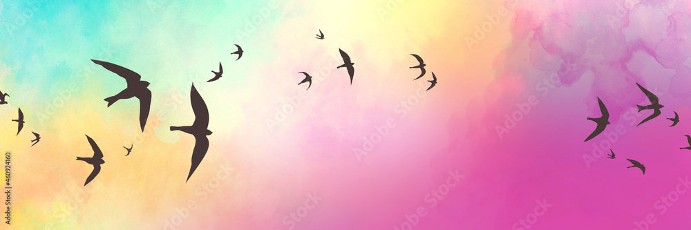 Black bird silhouettes on sunset sky background, birds sketch in black  outlines flying in sunset clouds, flock of birds, colorful blue yellow pink  and purple clouds, beautiful sunset colors in nature Stock
