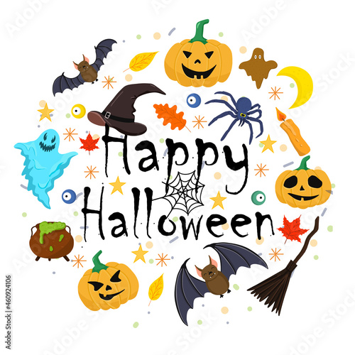 Hand drawn lettering Happy Halloween. Vector Halloween lettering with pumpkin  spider  bat  ghost and wizard hat isolated on white background.