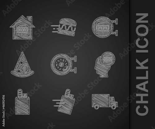 Set Donut, Online ordering and delivery, Fast by car, Slice of pizza, burger and icon. Vector