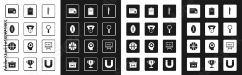 Set Pen, Medal, American Football ball, Certificate template, Magnifying glass, Clipboard with checklist, Chalkboard and Basketball icon. Vector