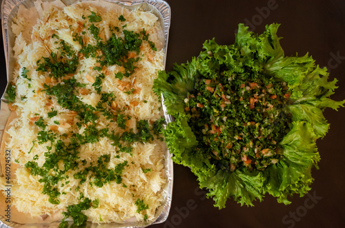 homemade middle eastern foods; tabbule salad, and mansaf cooked in japan photo