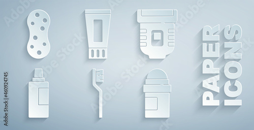 Set Toothbrush, Epilator, Bottle for cleaning agent, Antiperspirant deodorant roll, Tube of toothpaste and Sponge icon. Vector
