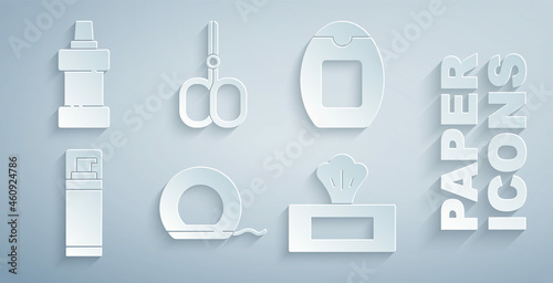 Set Dental floss, Bottle of shampoo, Shaving gel foam, Wet wipe pack, Nail scissors and for cleaning agent icon. Vector