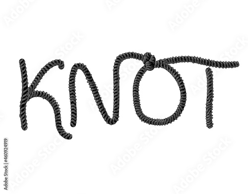 Lettering. The word knot is drawn, the letters are connected by a knot. Stock vector illustration isolated on white background.