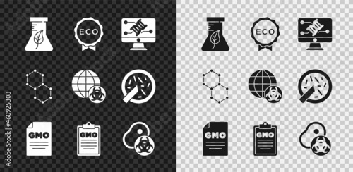 Set Test tube and flask, Label for eco healthy food, Genetic engineering modification, GMO, Genetically modified meat, Chemical formula and icon. Vector