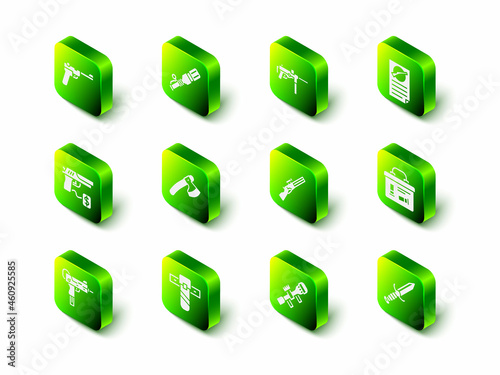 Set Anti-tank hand grenade, Submachine gun M3, Firearms license certificate, Military ammunition box, knife, Hunting, Sniper optical sight and Knife holster icon. Vector
