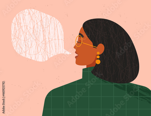 Woman with a speech bubble. Portrait of a young beautiful girl talking, saying something. Expressing opinion, communication concept. Side view of an attractive female face. Trendy vector illustration