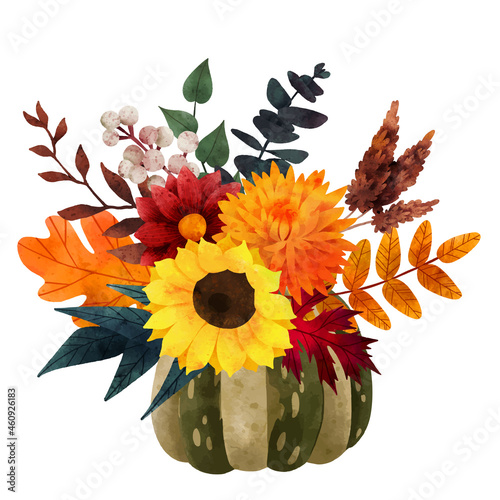 Fall bouquet in pumpkin vase, hand drawn vector