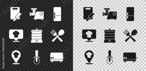 Set Cutting board and knife, Kitchen meat grinder, Refrigerator, Chef hat with location, Pizza, Toaster, and Slow cooker icon. Vector