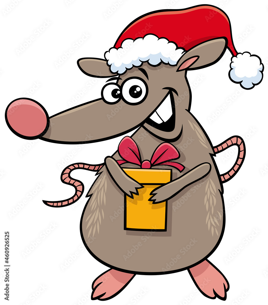 Naklejka premium cartoon rat animal character with gift on Christmas time