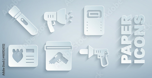 Set Evidence bag with gun, Police assault shield, badge case, megaphone, and Flashlight icon. Vector
