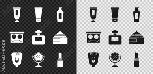 Set Cream or lotion cosmetic tube, Bottle of shampoo, Epilator, Round makeup mirror, Lipstick, Eye shadow palette and Perfume icon. Vector