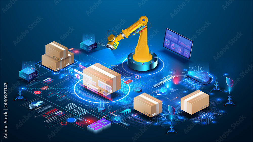 Smart warehouse technology. AI manages a smart warehouse. Future concept of supply chain and logistic business.  Robot Palletizing Systems, Robotic arm loading and scan cartons on pallet. Isometric - obrazy, fototapety, plakaty 