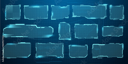 Sci Fi modern futuristic user interface square. Hologram high tech screen, modern interface window.  HUD tech and digital cyber frames gaming menu  touching cyber monitoring set. Vector illustration