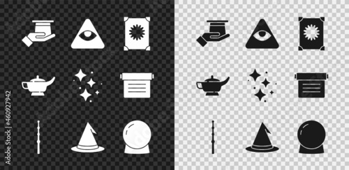 Set Magician hat in hand, Masons, Ancient magic book, wand, Witch, ball, lamp or Aladdin and Sparkle stars with icon. Vector