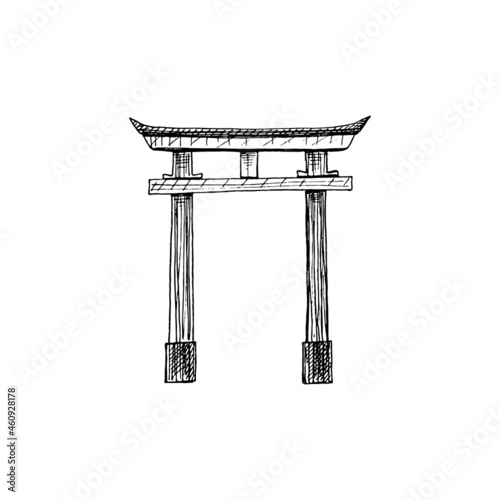 Traditional japanese japanese torii gate. Vintage hatching monochrome black illustration