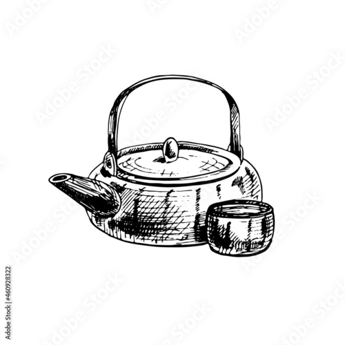 Asian ceramic teapot and cup. Vintage vector hatching illustration