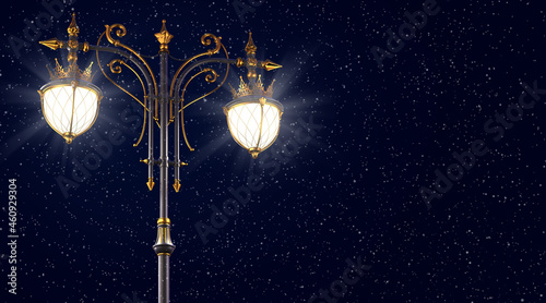 Night street lamp in the old town. Vintage lamppost. Golden decor. Christmas background for card. Street light design. Christmas lighting. Night sky. Snowfall. Classic luxury architecture. 3d render.