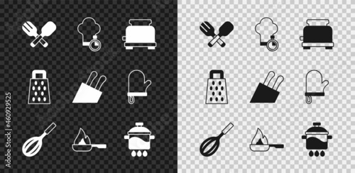Set Crossed fork and spoon, Chef hat, Toaster, Kitchen whisk, Frying pan, Cooking pot, Grater and Knife icon. Vector