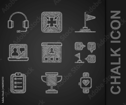 Set Online education, Award cup, Smart watch, Planning strategy, To do list or planning, Flag and Headphones icon. Vector
