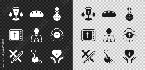 Set Christian chalice, Bread loaf, cross, Crusade, Magic staff, Religious in heart, Online church pastor preaching and Hands praying position icon. Vector