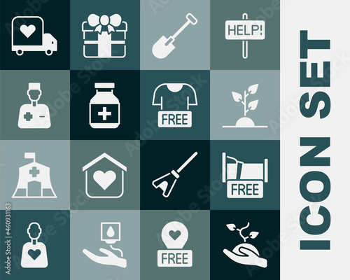 Set Volunteer team planting trees, Free overnight stay house, Shovel, Medicine bottle and pills, Male doctor, Delivery truck with heart and Clothes donation icon. Vector