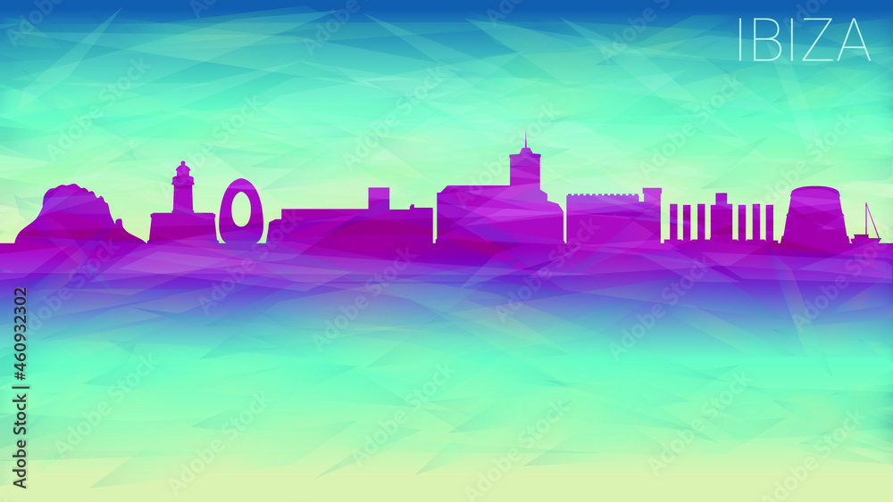Ibiza Spain Skyline City Vector Silhouette. Broken Glass Abstract Geometric Dynamic Textured. Banner Background. Colorful Shape Composition.