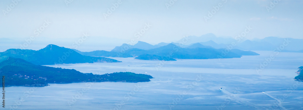 Mountain islands panorama. Beautiful aerial seascape