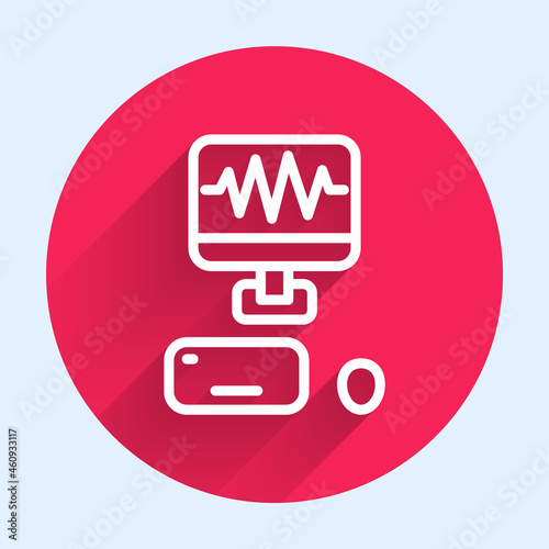 White line Music sound recording studio control room with professional equipment icon isolated with long shadow. Red circle button. Vector