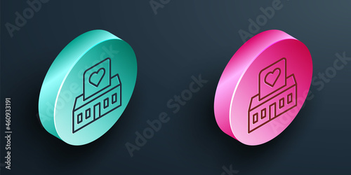 Isometric line Volunteer center icon isolated on black background. Turquoise and pink circle button. Vector