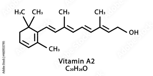 Vitamin A2 Dehydroretinol molecular structure. Vitamin A2 Dehydroretinol skeletal chemical formula. Chemical molecular formulas